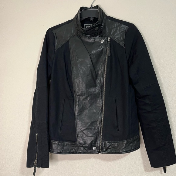 Lucky Brand Leather Canvas Black Full Zip Moto Jacket Size S - Picture 5 of 6